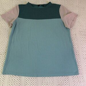 DOKOTOO Ribbed Knit Top Large Colorblock Green Pink Short Sleeve